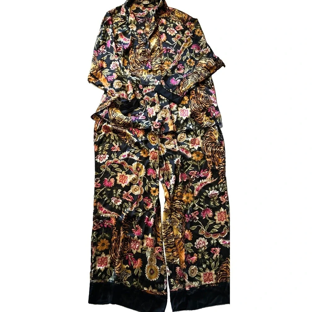 FREE PEOPLE Dreamy Days Pajama Set Women's Plus Size 2XL Tiger & Botanical Print